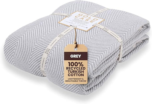 Gold Case Throw Blanket for Bed – 100% Recycled Turkish Cotton Bed Blanket – Decorative Throw Cotton Blankets for Living Room & Bedroom – Elegant Grey Woven Queen Blankets – 90x90-Ruum Studio Home