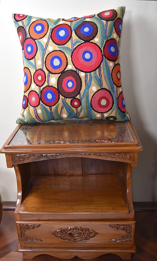 Yellow Floral Poppy Pillow Cover - Red Floral Outdoor Pillowcase - Suzani Accent Pillow - Flower Accent Cushions - Hand Embroidered Wool - Size 18x18-Ruum Studio Home