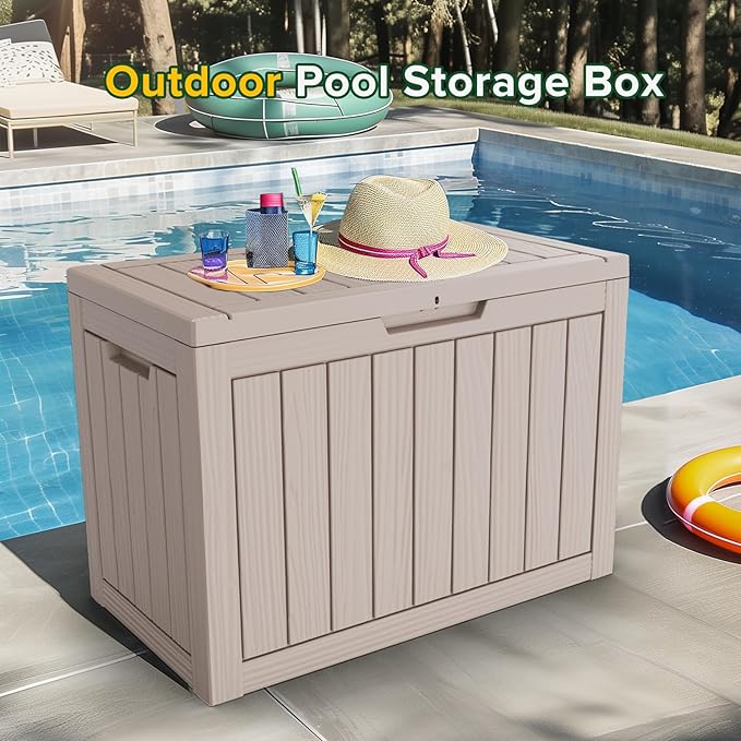 45 Gallon Lockable Resin Deck Box, Waterproof & UV-Resistant Outdoor Storage Box for Outdoor Cushion Storage, Garden Tools & Pool Accessories Storage, Gray-Ruum Studio Home