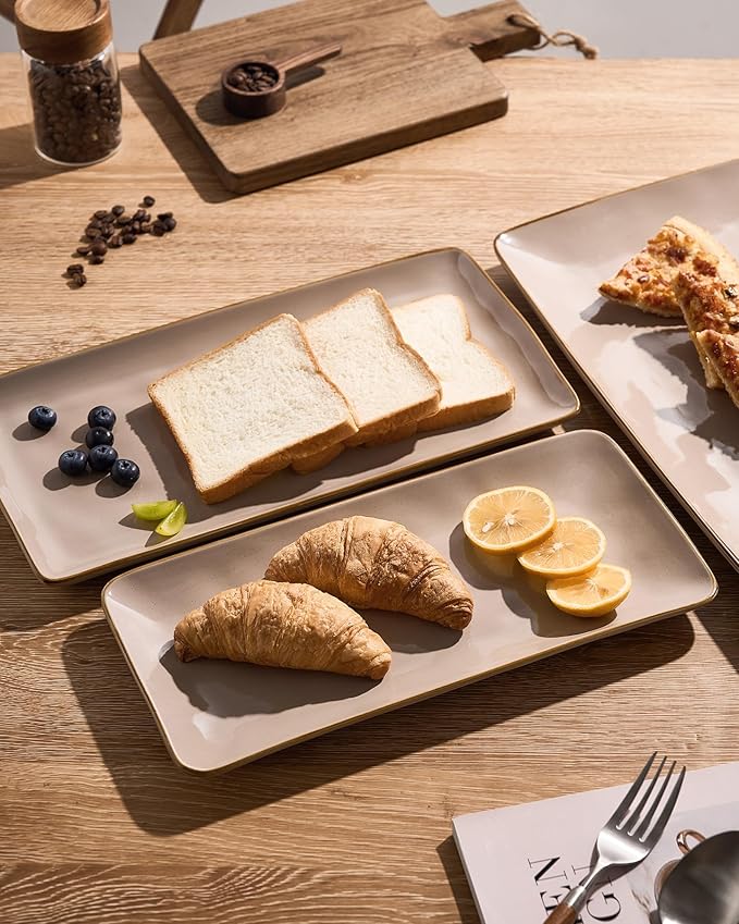 famiware Serving Platter, Rectangular 15.67/14.1/12.6 inch Serving Dishes for Entertaining, Microwave Dishwasher Safe, Stonware Serving Trays for Party, Turkey, Cheese, Ocean Series, Cinnamon Brown-Ruum Studio Home