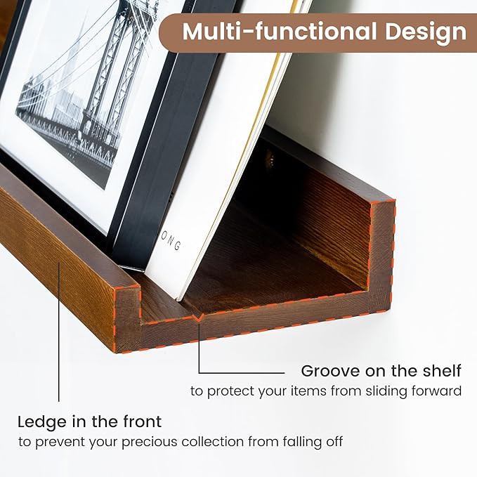 Picture Ledge Wall Shelves 48 Inches Width Set of 3, Solid Pine Wood Rustic Floating Ledge for Kids' Room Bedroom Kitchen Bathroom, Long Floating Shelves for Wall Decor, Walnut-Ruum Studio Home