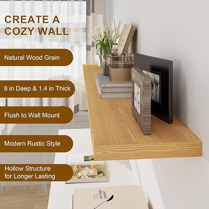 Fun Memories Floating Shelves, 8 Inch Deep Floating Shelves, Rustic Wood Fireplace Mantel 48 in Long, 48 x 8 Floating Wall Shelves for Living Room, Kitchen, Bedroom, Oak Color, 1 Pack-Ruum Studio Home