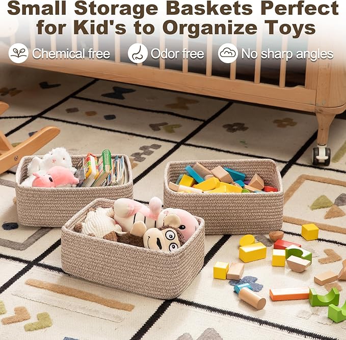 3 Pack Small Storage Baskets for Organizing, Cute Woven Decorative Gift Baskets for Shelves, Mini Closet Organizer Bins with Handles, 11.81''Lx7.87''Wx4.72''H-Brown-Ruum Studio Home