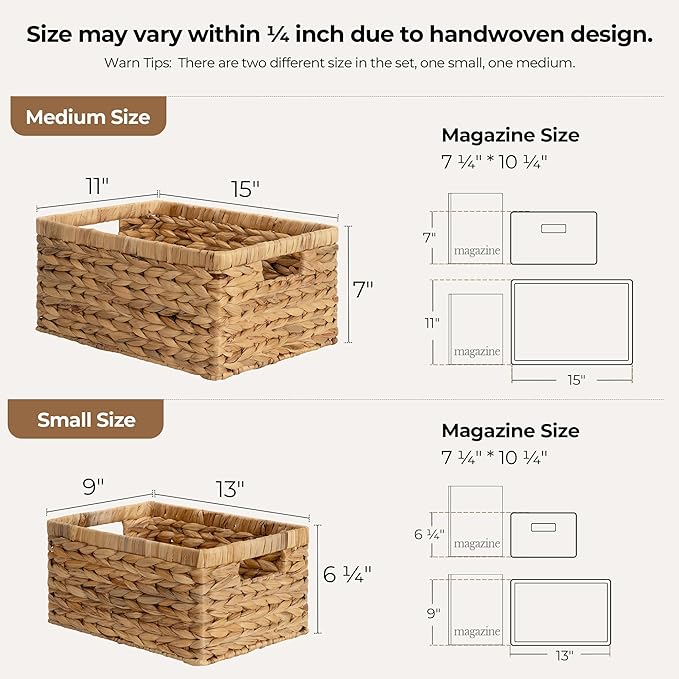 StorageWorks Wicker Storage Baskets, Large and Small Baskets, Handwoven Water Hyacinth Basket for Organizing, Decorative Organizers with Built-in Handles, Set of 2-Ruum Studio Home