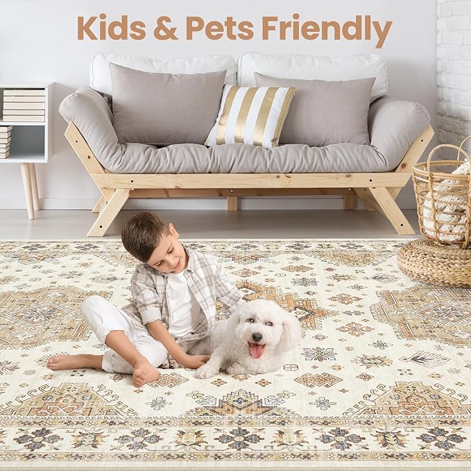 Washable Area Rugs for Living Room - 7x9 Neutral Vintage Distressed Floral Farmhouse Boho Large Soft Floor Rug Indoor Non Slip Carpet for Living Room Bedroom Dining Room Office - Orange/Yellow/Beige-Ruum Studio Home
