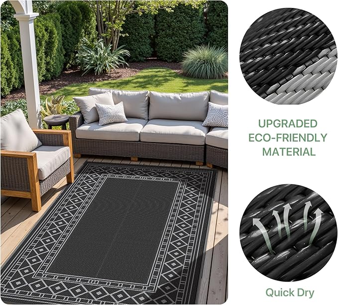 GENIMO Outdoor Rug Waterproof 6'x9' for Patio, Foldable Reversible Plastic Straw Carpet for Travel Trailers, Outside Area Mat for Rv, Deck, Picnic, Porch, Camper, Balcony, Beach, Black & Grey-Ruum Studio Home