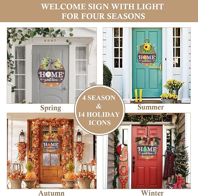 Interchangeable Seasonal Welcome Sign Front Door Decoration with 4 Seasonal Wreaths and LED Light, Rustic Round Wood Wreaths Wall Hanging Outdoor, Farmhouse Front Door Decoration Home Décor-Ruum Studio Home