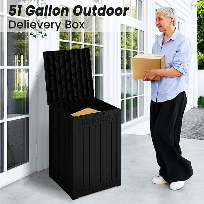 55 Gallon Lockable Resin Deck Box, Waterproof & UV-Resistant Outdoor Storage Box for Cushion Storage and Delivery Box, Black-Ruum Studio Home