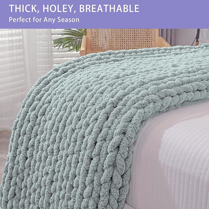 Bigacogo Chunky Knit Throw Blanket for Couch, 51x63 inches, 100% Hand Knitted with Thick Jumbo Chenille Yarn, Cozy Soft Large Rope Knot Cable Crochet Blankets for Sofa Bed Living Room, Misty Green-Ruum Studio Home