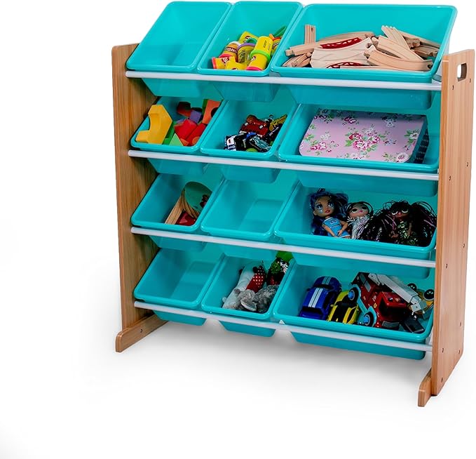 Humble Crew Kids Toy Storage Organizer with 12 Plastic Bins, Natural Wood/Aqua – Removable Bins for Playroom, Bedroom, Toddler Furniture for Boys and Girls Ages-Ruum Studio Home