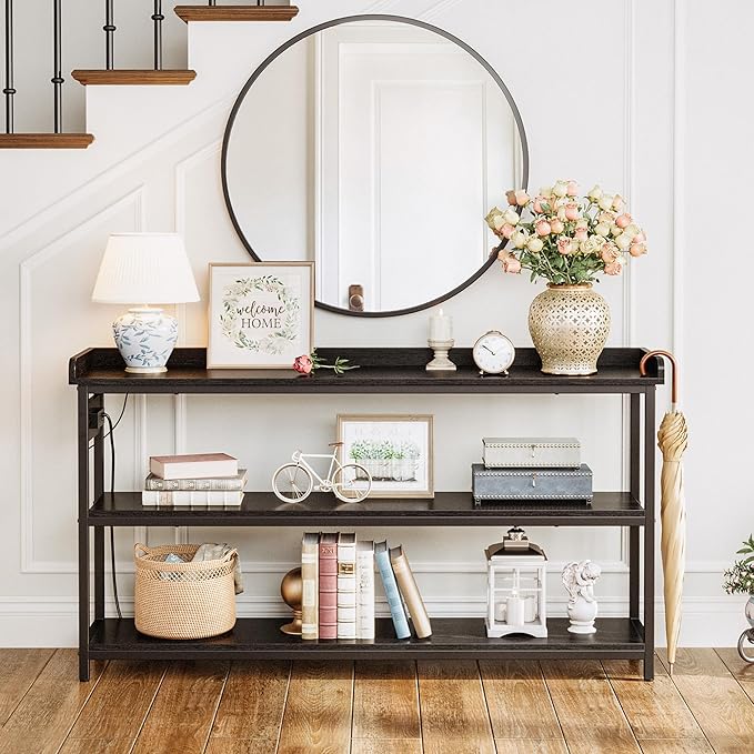 IRONCK Console Table, Sofa Table with Power Outlet, Farmhouse Hallway Table for Entryway, Living Room, Height Adjustable, Easy Assembly, Vintage Black,55"-Ruum Studio Home