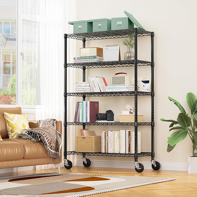 5-Shelf Storage Shelves,Wire Shelving Heavy Duty Metal Storage Shelving Unit Adjustable Garage Shelving Rack Pantry Kitchen (Black, 5 Tier,17.7" D x 47.2" W x 76.7" H)-Ruum Studio Home
