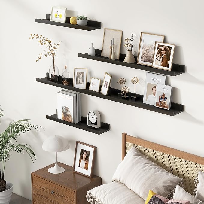 Picture Ledge Shelf for Wall, 36 inch Solid Pine Wood Nursery Book Shelves 2 Packs, Floating Ledge Shelves for Kids' Room Bedroom Bathroom Living Room Photo Frames Office Nursey Wall Decor, Black-Ruum Studio Home