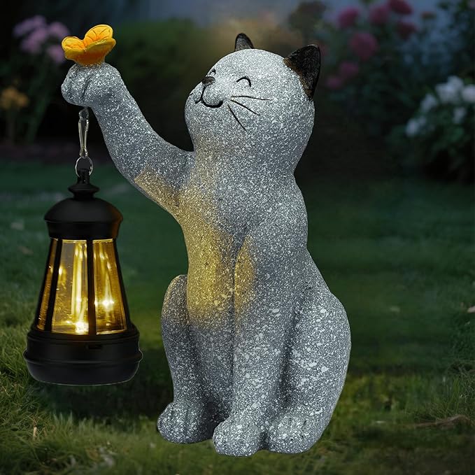 Solar Cat Garden Statue Outdoor Decor, Cat Sculpture with Lantern and Butterfly for Yard Lawn Patio Balcony, Birthday Housewarming Gifts for Mom, Grandma, Women, 9.4 inch, Resin-Ruum Studio Home