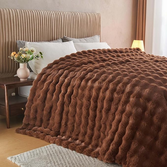 Lotus Karen Faux Fur Throw Blanket Dark Coffee - Big Bubble Rabbit Fluff Blanket for Couch Bed Sofa,Softest Fluffy Fuzzy Cozy Blanket,Thick Furry Plush Shaggy Warm Blankets for Women,50x60 Inches-Ruum Studio Home