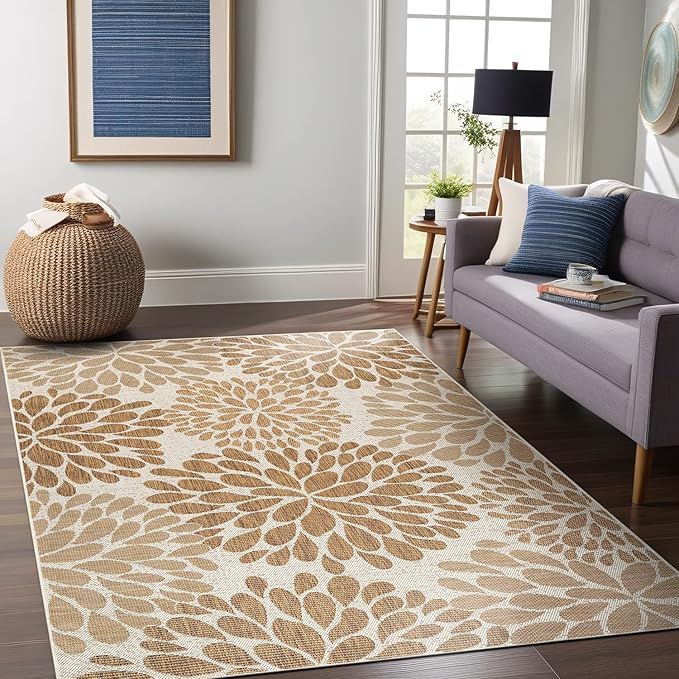 Beverly Rug Outdoor Rug 9x12 Modern Exotic Tropical Leaf Area Rugs for Indoor and Outdoor Patio Deck Porch Garden Water Resistant Washable Outside Carpet (9 x 12 Beige)-Ruum Studio Home