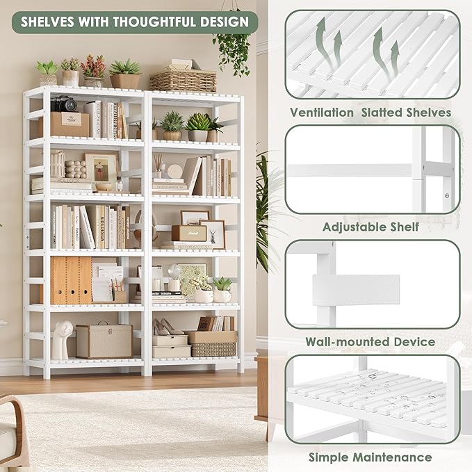 FOTOSOK 6-Tier Bamboo Shelf Set of 2, Bamboo Bookcase with Adjustable Shelves, Free Standing Storage Shelf Unit Plant Flower Stand, Tall Large White Bookshelf for Kitchen, Bathroom, Home Office, White-Ruum Studio Home