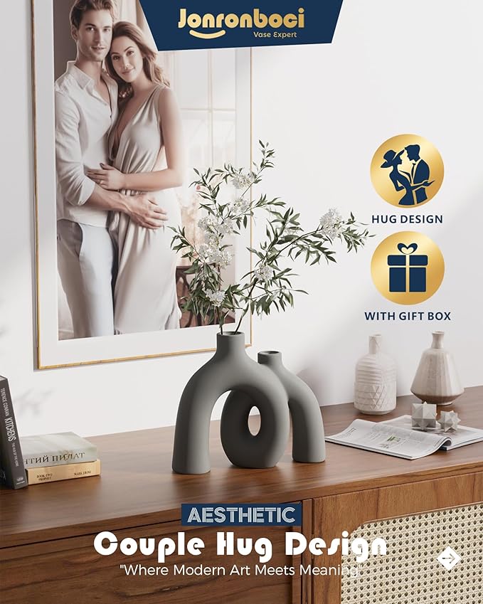 Hug Donut Decorative Vase Set - Dark Gray Modern Minimalism Industrial Style Vases Home Decor, Matte Ceramic Decorations for Living Room Shelf, Bookshelf Mantle Entryway Table or Console Décor(Gray)-Ruum Studio Home