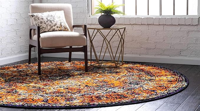 Unique Loom Rosso Collection Vintage, Traditional, Bohemian, Geometric, Border, Distressed, Southwestern Area Rug, 8 ft x 8 ft, Orange/Black-Ruum Studio Home