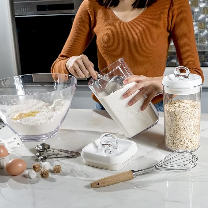Felli Flip Tite Food Storage Container 5" LARGE 5pk Set + No Residue Label, Airtight Lid Easy Lock Top Stackable, Plastic Canister Jar for Pantry Kitchen Fridge Organizer Pasta Protein Powder Spice-Ruum Studio Home