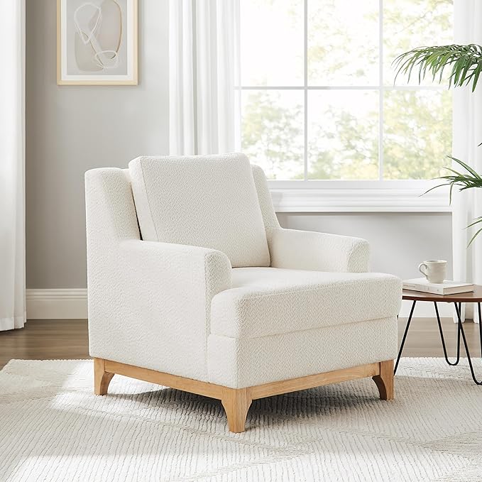 Oversized Accent Chair, Modern Boucle Armchair with Wood Legs, Modern Reading Chair with Thick Cushion, Comfy Chairs for Living Rooms, Bedrooms, Reading nooks and Apartments-Ruum Studio Home