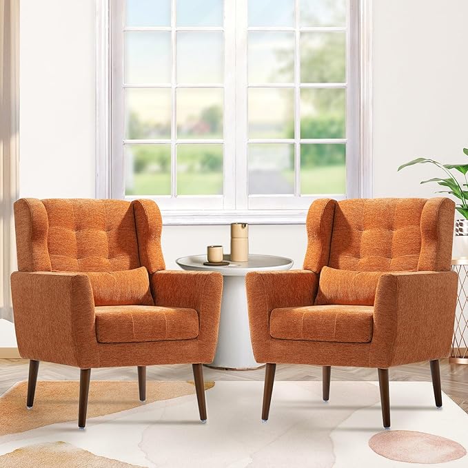 Accent Chair Set of 2, Upholstered Armchair with Pillow, Fabric Single Sofa Chair with Lounge Seat and Wood Legs Accent Chair for Living Room Small Spaces (Orange, Set of 2)-Ruum Studio Home