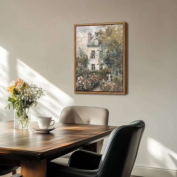 Floating Framed Canvas Vintage Wall Art, Neutral English Cottage Rose Garden Oil Paintings Print, Spring Pictures Wall Decor for Living Room Hallway Bedroom Office Rustic Decor 16x24 inch-Ruum Studio Home