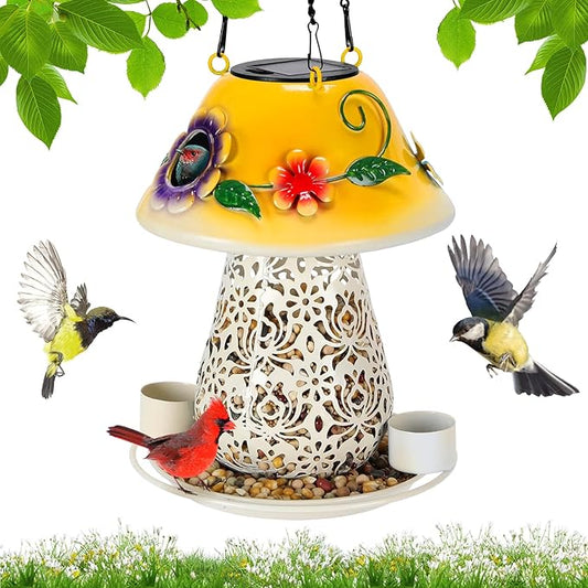 Mushroom Solar Bird Feeders for Outdoors Hanging Metal Wild Bird Feeder Garden Lantern with S Hook for Garden Decoration Yellow-Ruum Studio Home