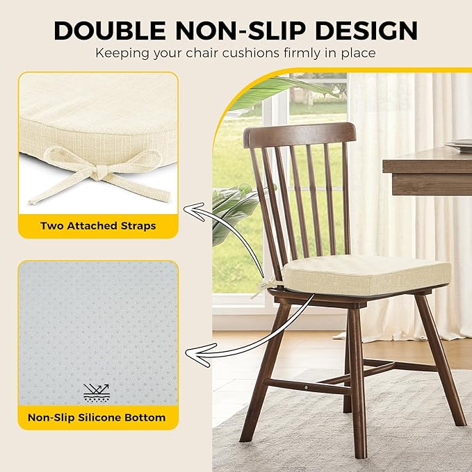 downluxe Indoor Chair Cushions for Dining Chairs, Soft and Comfortable Textured Foam Kitchen Chair Pads with Ties and Non-Slip Backing, 16" x 16" x 2", Beige, 4 Pack-Ruum Studio Home
