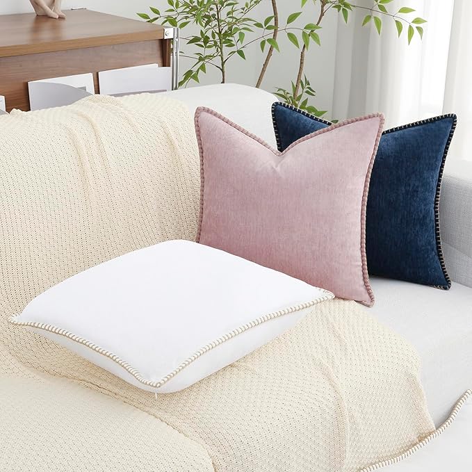 decorUhome Chenille Soft Throw Pillow Covers 26x26 Set of 2, Farmhouse Velvet Neutral Decorative Euro Pillow Covers with Stitched Edge for Couch Sofa Bed Home Decor, White-Ruum Studio Home