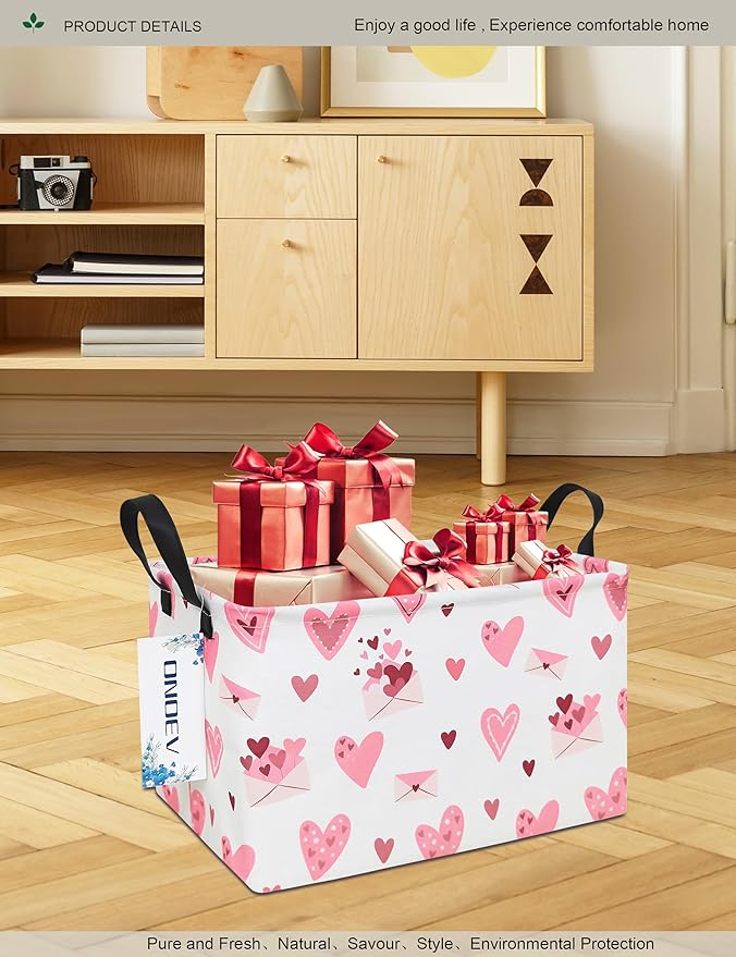 Rectangular Folding Laundry Basket,waterproof Canvas Basket,gift basket,Suitable for children's room,Office,Clothes,Toys Storage(Pink Love)-Ruum Studio Home