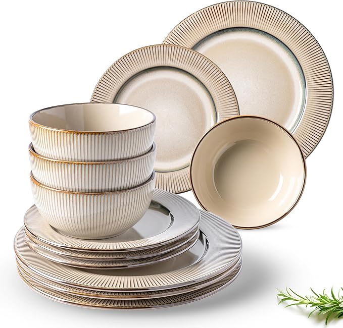 GBHOME Ceramic Dinnerware Sets,12 pcs Embossed Elegant Stoneware Plates and Bowls Sets, Housewarming Wedding Gift | Dishwasher & Microwave Safe | Dishes Set Service for 4-Ruum Studio Home
