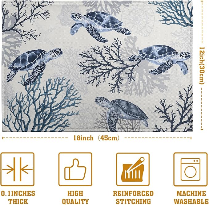 Coastal Beach Placemats Set of 4 Nautical Theme Coral Sea Turtle Navy Blue Place Mat 12x18 Inch Seasonal Summer Ocean Washable Linen Fabric Table Mats for Party Kitchen Dining Decoration-Ruum Studio Home