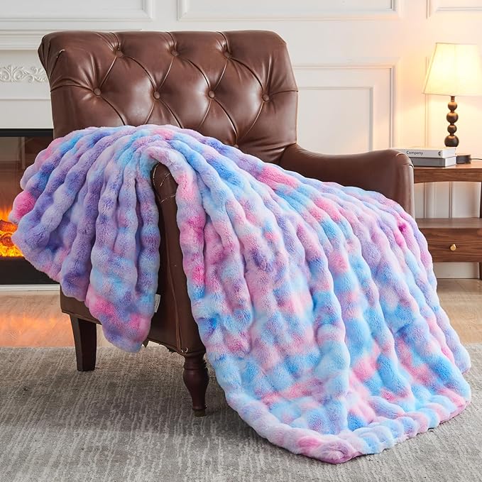 NEWCOSPLAY Faux Fur Throw Blanket Purple Rainbow Luxury Fluffy Thick Warm Bubble Blanket for Couch Sofa Bed 700GSM (Purple Rainbow, Throw(50"x60"))-Ruum Studio Home