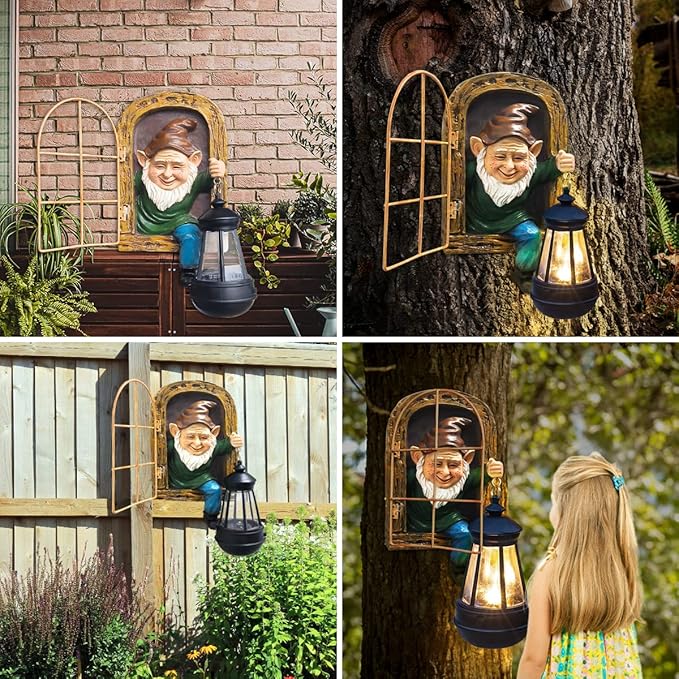 Whimsical Fairy Garden Halloween Gnomes with Solar Lights-10 Elf Out The Door Tree Hugger Garden Statues-Outdoor&Yard Decor-Tree Face Sculpture,Ideal Gifts - Yard Art for Patio,Fence,Wall-Ruum Studio Home