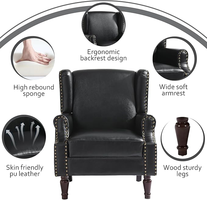 Accent Chair, Faux Leather High Back Armchair or Living Room, Comfy Upholstered Single Sofa Reading Chair with Solid Wood Legs for Office, Bedroom, Waiting Room-Black-Ruum Studio Home