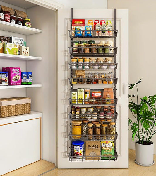 Over The Door Pantry Organizer, Wall Mount Spice Rack, Pantry Hanging Storage and Organization, 8 Adjustable Baskets Heavy-Duty Metal for Home & Kitchen, Back of Door Seasoning Rack - Black-Ruum Studio Home