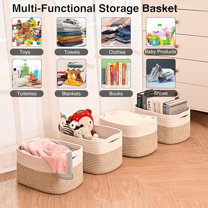 Storage Baskets for Shelves, Woven Storage Basket, Bins for Cube Storage, Cotton Rope Basket with Handles for Toy, Book, and Clothes Living Room, (4 Packs) Off White & Brown-Ruum Studio Home