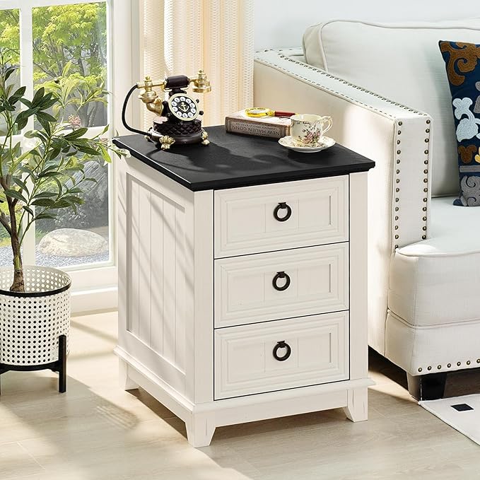 Farmhouse Night Stand Set of 2, 18" End Table with 3 Drawer Metal Handle, Dresser for Bedroom, Sofa Bed Side Table Chest of Drawers,Wood Nightstand Cabinet for Organizer, Living Room-White-Ruum Studio Home