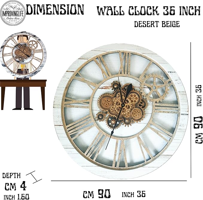 The Gears Clock 36'' Inch Real Moving Gear Wall Clock Vintage Industrial Oversized Rustic Farmhouse (White Farmhouse)-Ruum Studio Home