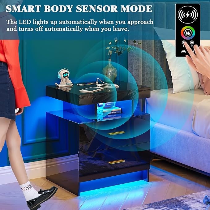 Night Stand with Light, High Gloss Nightstand with USB/Wireless Charging Station, LED Black Nightstands with Storage Drawers, RGB Side End Table for Bedroom Furniture（Black）-Ruum Studio Home