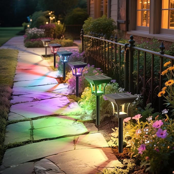 CINOTON 2 Pack RGBCW Solar Pathway Outdoor Lights, 3 Lighting Modes Solar LED Garden Light, IP65 Waterproof Outside Solar Powered Landscape Lighting for Patio Walkway Yard Driveway RGB/Warm/Cold White-Ruum Studio Home