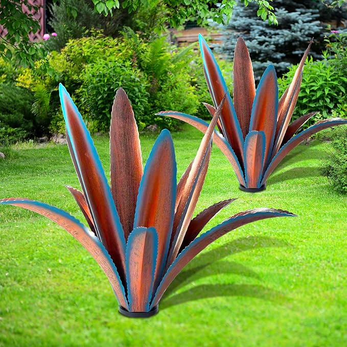 TOMBABY Enlarge Thickened Wind Resistant Iron Agave Metal Plant Country Garden Sculpture Statue Outdoor Decoration Agave Metal Plant Courtyard Garden Lawn Ornament Gift (2, 12 Leaves Blue)-Ruum Studio Home