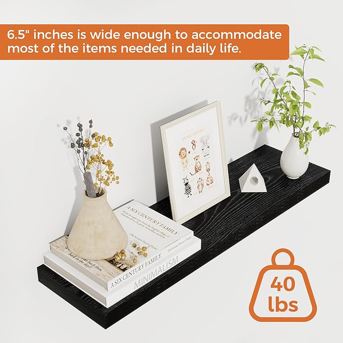 Fun Memories Floating Shelves for Wall, 24" Rustic Wood Deep Wall Mounted Shelves with Invisible Brackets for Decor & Storage, Floating Shelf for Living Room, Bathroom (Black, Set of 2)-Ruum Studio Home