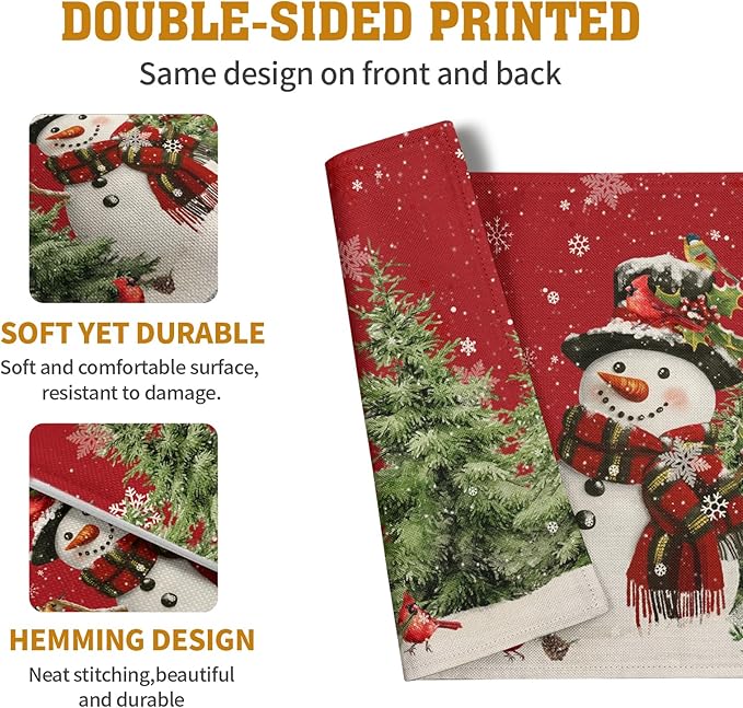 Snowman Christmas Red Placemats Set of 4 Xmas Tree Cardinal Snowflakes Linen Table Mats Seasonal Winter Holiday Place Mats Washable Placemat for Party Kitchen Dining Outdoor Indoor Decor-Ruum Studio Home