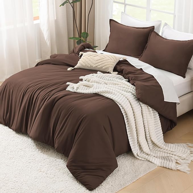 Litanika Brown Comforter Set Queen Size, 3 Pieces Lightweight Solid Bedding Comforter Set, All Season Fluffy Bed Set (90x90In Comforter & 2 Pillowcases)-Ruum Studio Home