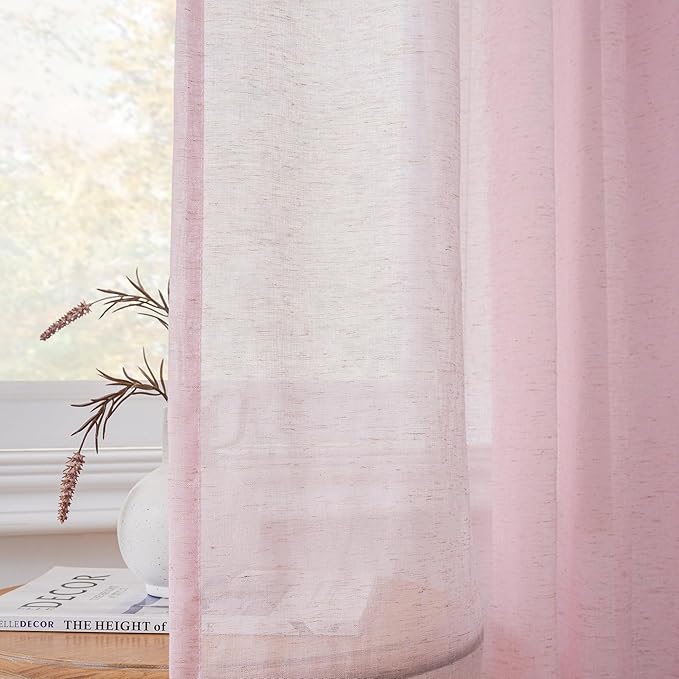 FMFUNCTEX Linen Sheer Curtains for Bedroom, Pink Curtains 96 inches Long for Living Room, Blush Pink Farmhouse French Flax Blend Window Draperies, Rod Pocket 2 Panels Set-Ruum Studio Home