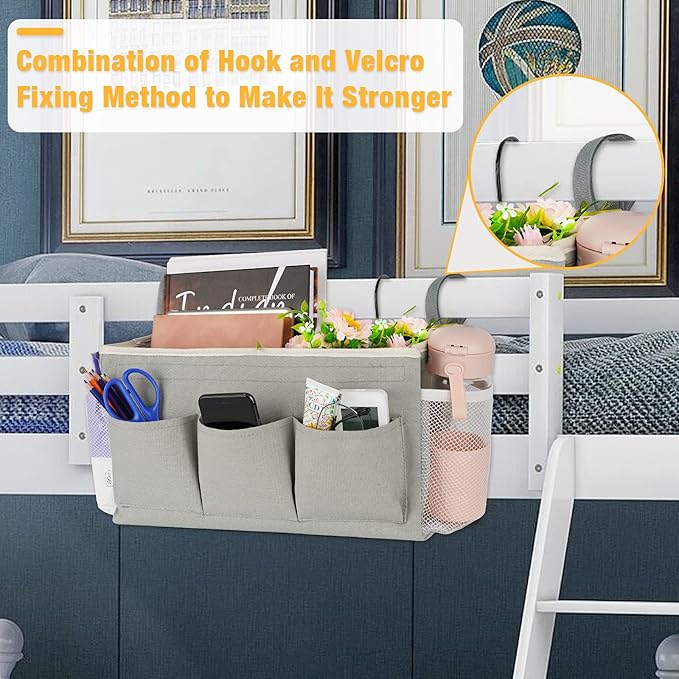 Bedside Storage Organizer with Fixed Straps and Water Bottle Holder for Home, College, Dorm, Bunk / Hospital Bed, Crib Bed Rails (Grey)-Ruum Studio Home