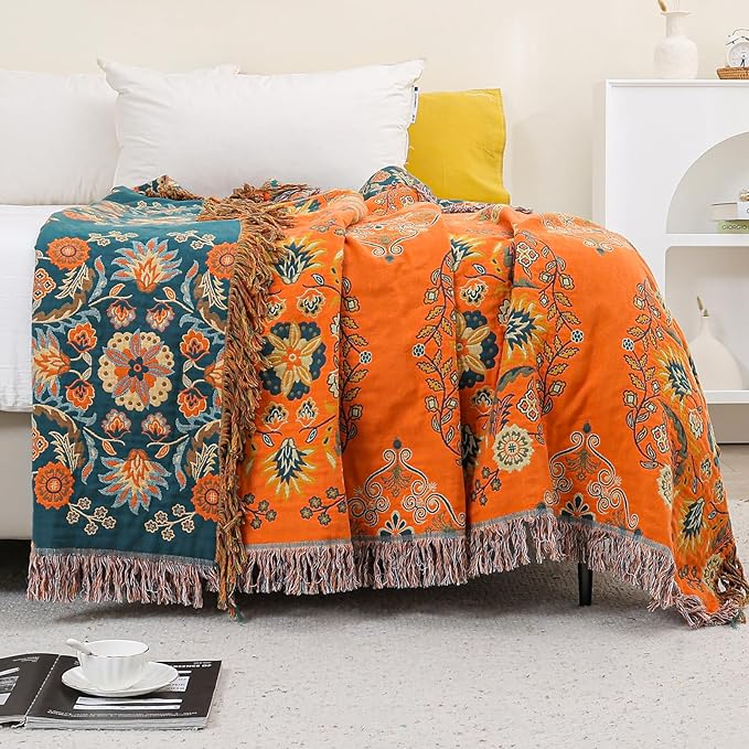 Throw Blanket for Couch Bed Chair,100% Cotton Soft Lightweight Blanket Rustic Quilt -Orange Floral Printed Farmhouse Decor Bed All Season Blankets,90"×98"-Ruum Studio Home