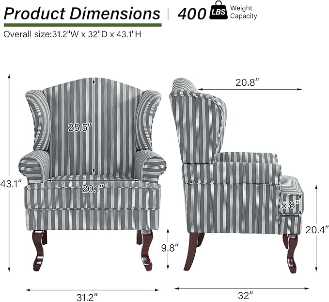 Accent Chair, High Back Upholstered Armchair with High Resilience Sponge & Wood Legs, Mid-Century Modern Comfy Single Sofa Reading Chairs for Living Room, Bedroom (Stripe Grey, Set of 1)-Ruum Studio Home